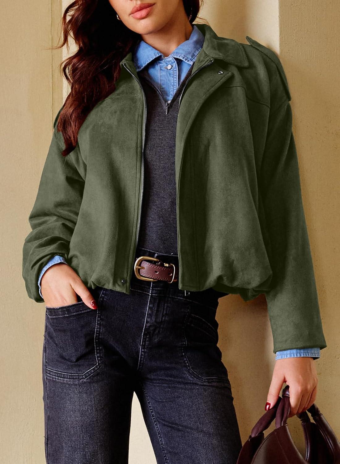 imageEVALESS Womens Faux Suede Bomber Jackets Long Sleeve Fall Coats Zip Up Cropped Jacket Trendy Winter Warm OuterwearFour Leaf Clover