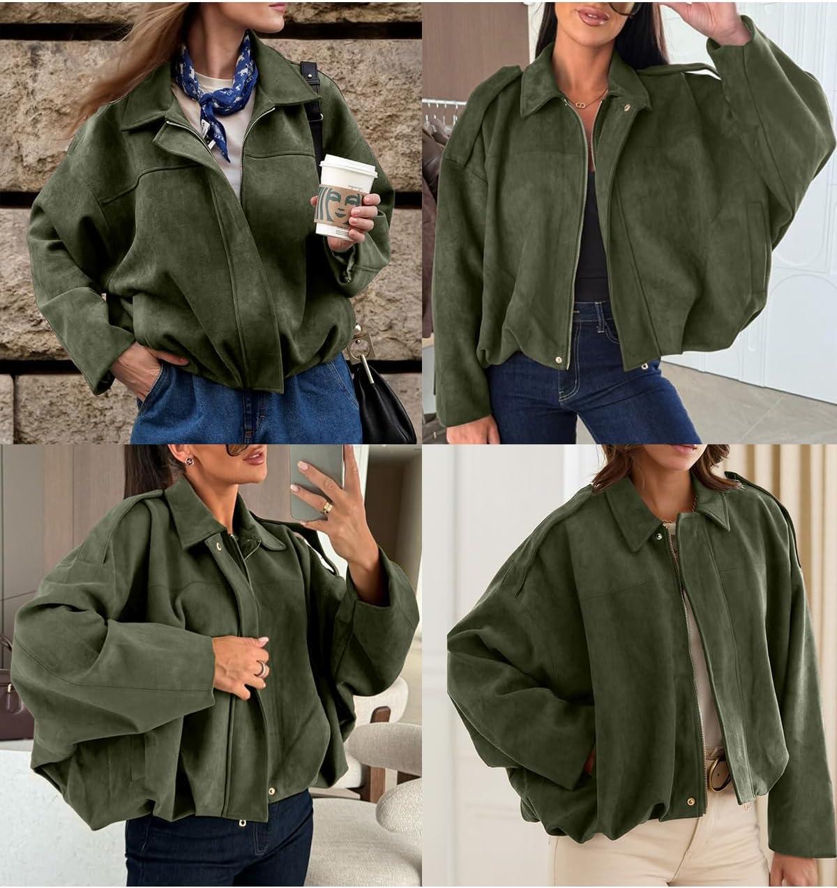 imageEVALESS Womens Faux Suede Bomber Jackets Long Sleeve Fall Coats Zip Up Cropped Jacket Trendy Winter Warm OuterwearFour Leaf Clover