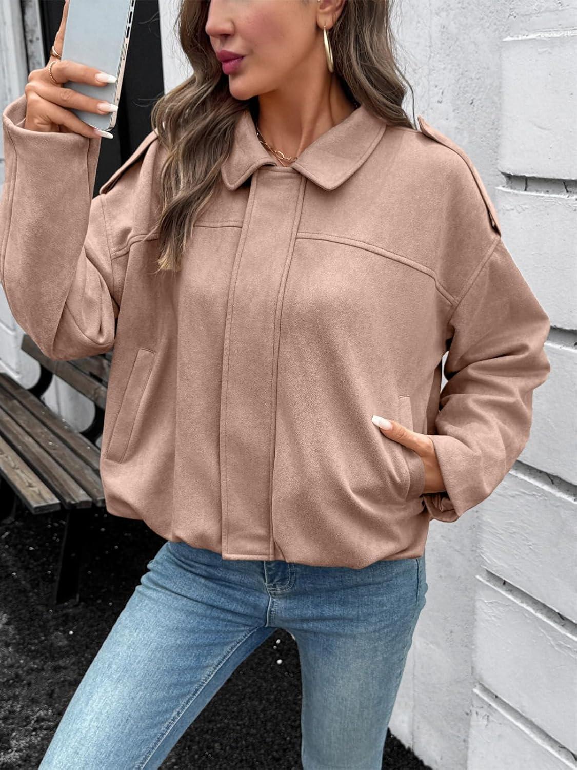 imageEVALESS Womens Faux Suede Bomber Jackets Long Sleeve Fall Coats Zip Up Cropped Jacket Trendy Winter Warm OuterwearLight Khaki
