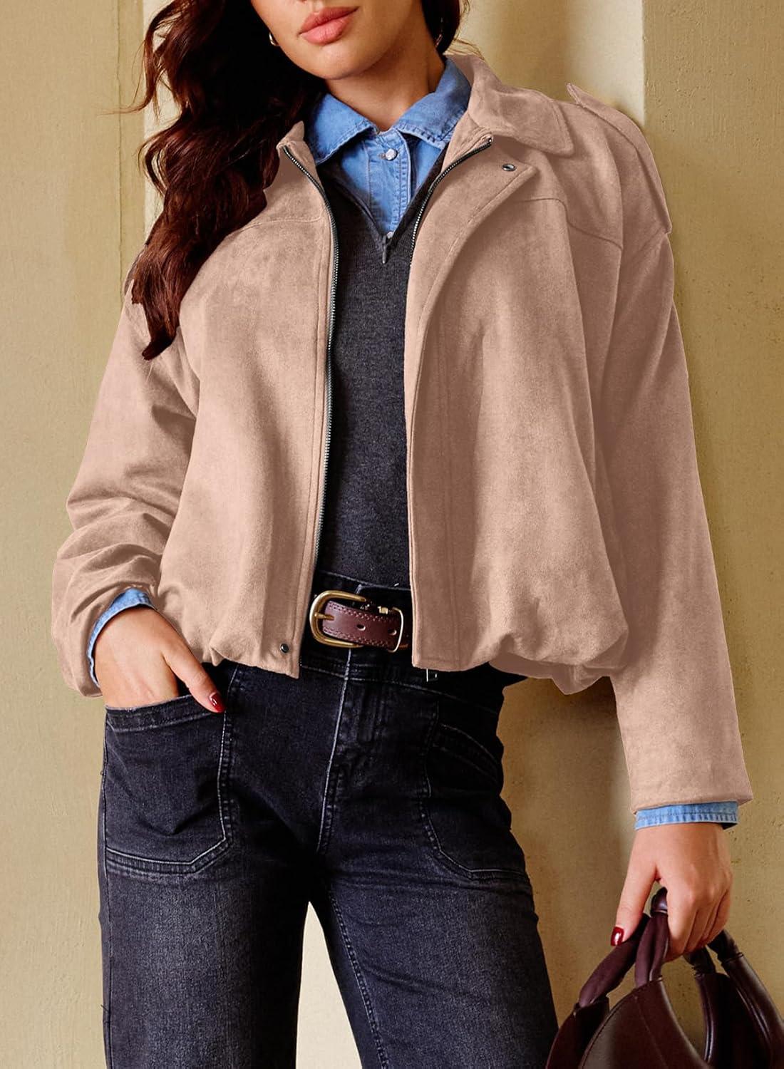 imageEVALESS Womens Faux Suede Bomber Jackets Long Sleeve Fall Coats Zip Up Cropped Jacket Trendy Winter Warm OuterwearLight Khaki