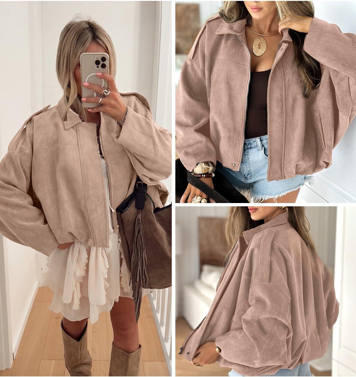 imageEVALESS Womens Faux Suede Bomber Jackets Long Sleeve Fall Coats Zip Up Cropped Jacket Trendy Winter Warm OuterwearLight Khaki