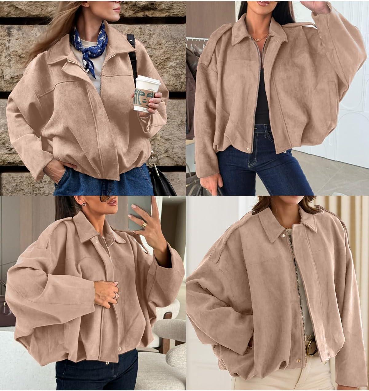 imageEVALESS Womens Faux Suede Bomber Jackets Long Sleeve Fall Coats Zip Up Cropped Jacket Trendy Winter Warm OuterwearLight Khaki
