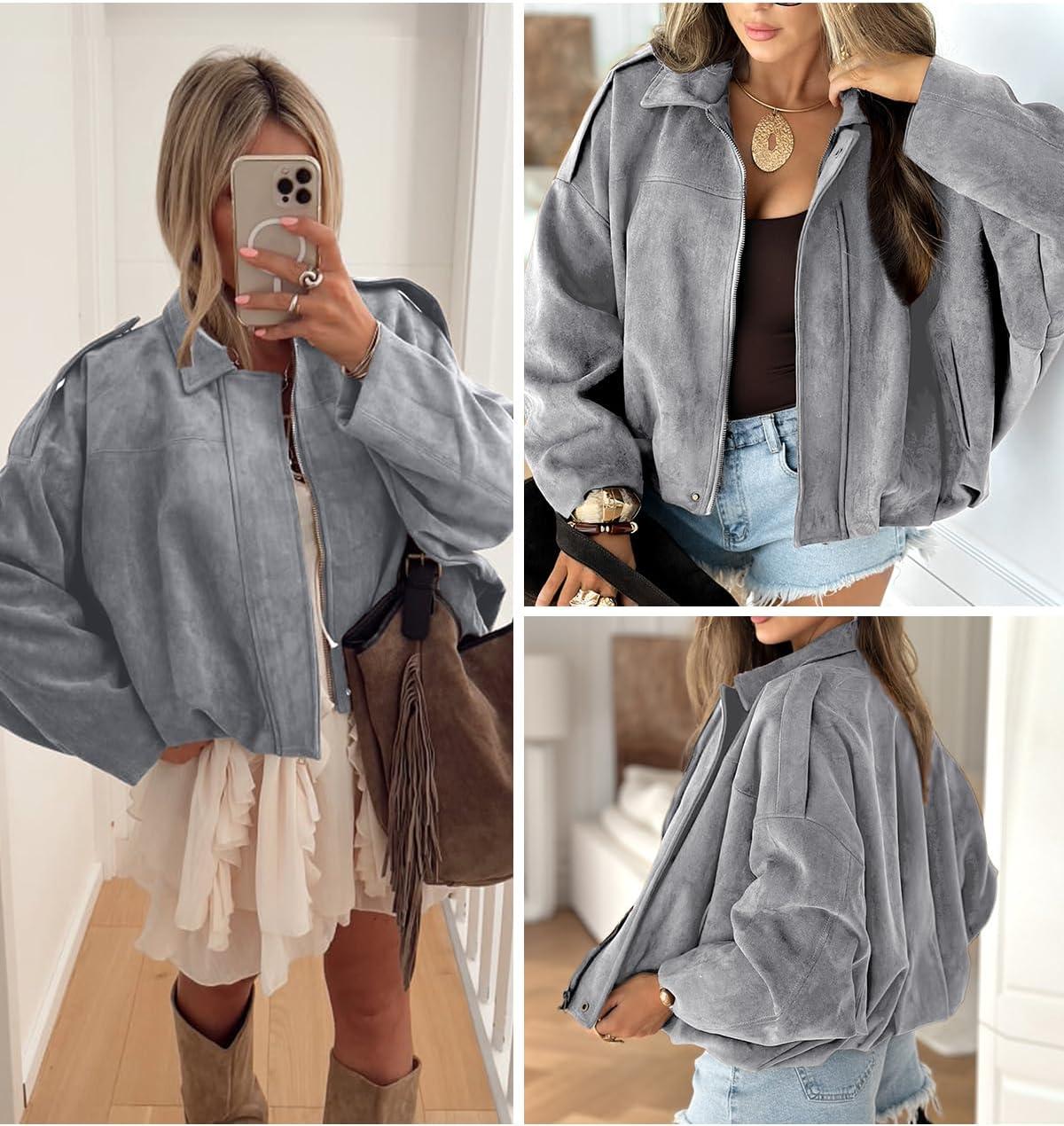 imageEVALESS Womens Faux Suede Bomber Jackets Long Sleeve Fall Coats Zip Up Cropped Jacket Trendy Winter Warm OuterwearMedium Grey