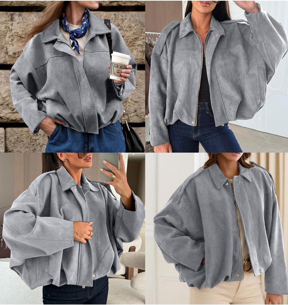imageEVALESS Womens Faux Suede Bomber Jackets Long Sleeve Fall Coats Zip Up Cropped Jacket Trendy Winter Warm OuterwearMedium Grey