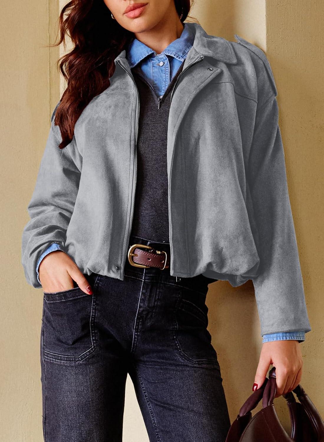 imageEVALESS Womens Faux Suede Bomber Jackets Long Sleeve Fall Coats Zip Up Cropped Jacket Trendy Winter Warm OuterwearMedium Grey