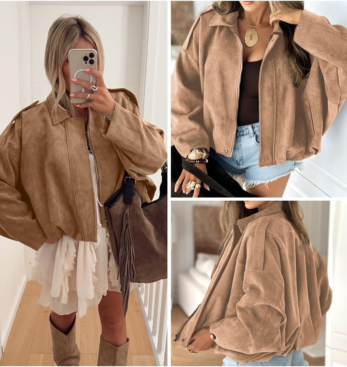 imageEVALESS Womens Faux Suede Bomber Jackets Long Sleeve Fall Coats Zip Up Cropped Jacket Trendy Winter Warm OuterwearPale Khaki