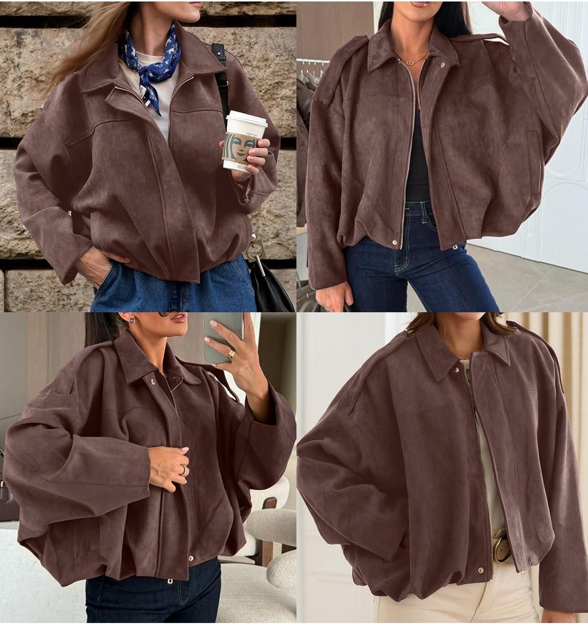 imageEVALESS Womens Faux Suede Bomber Jackets Long Sleeve Fall Coats Zip Up Cropped Jacket Trendy Winter Warm OuterwearToadstool