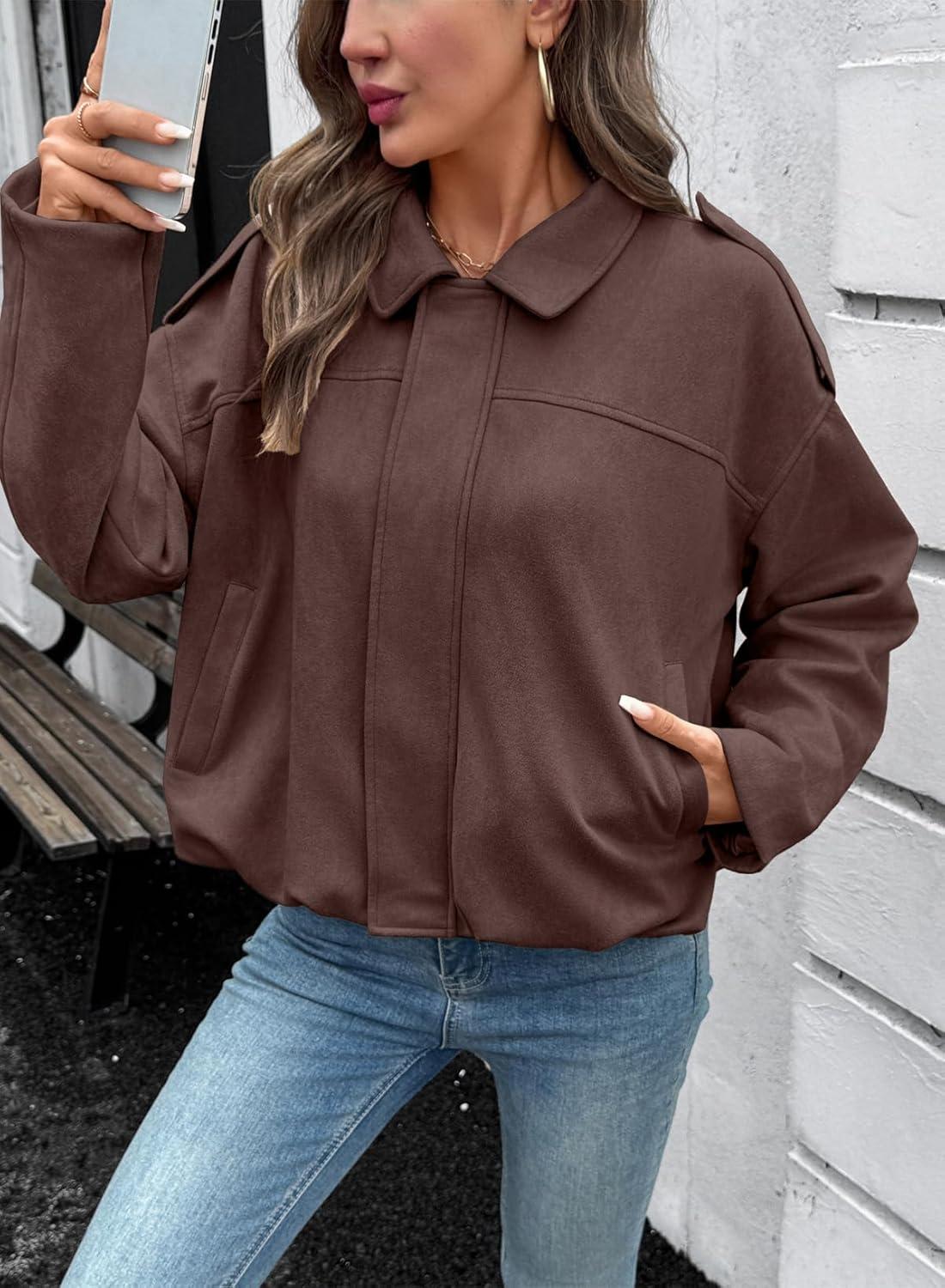 imageEVALESS Womens Faux Suede Bomber Jackets Long Sleeve Fall Coats Zip Up Cropped Jacket Trendy Winter Warm OuterwearToadstool