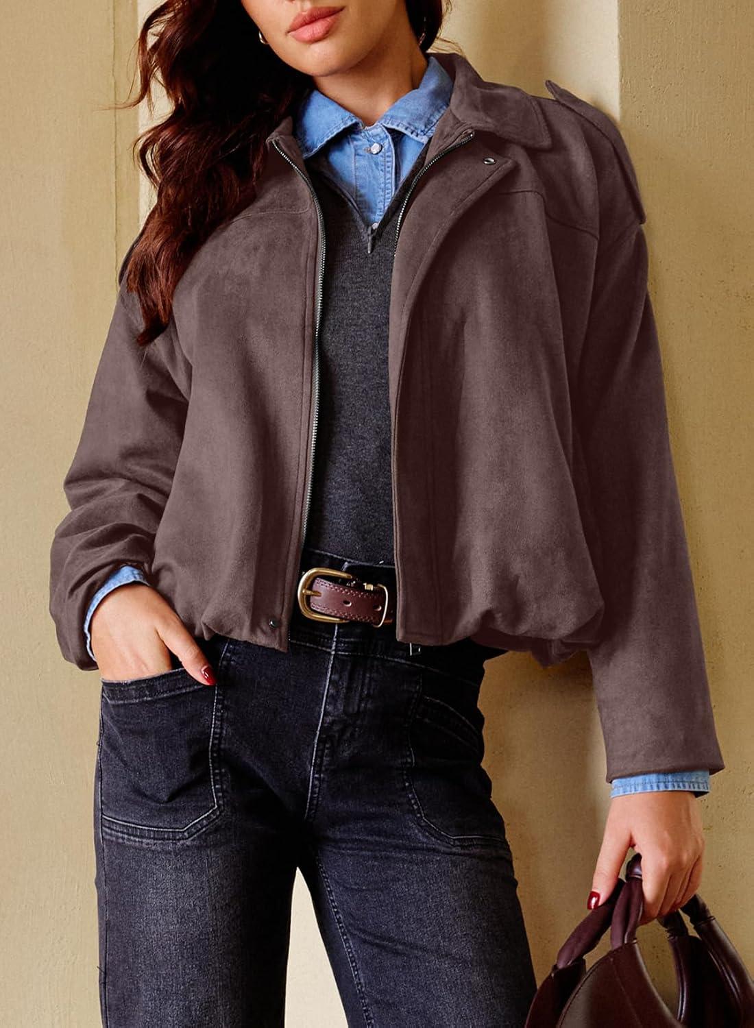 imageEVALESS Womens Faux Suede Bomber Jackets Long Sleeve Fall Coats Zip Up Cropped Jacket Trendy Winter Warm OuterwearToadstool
