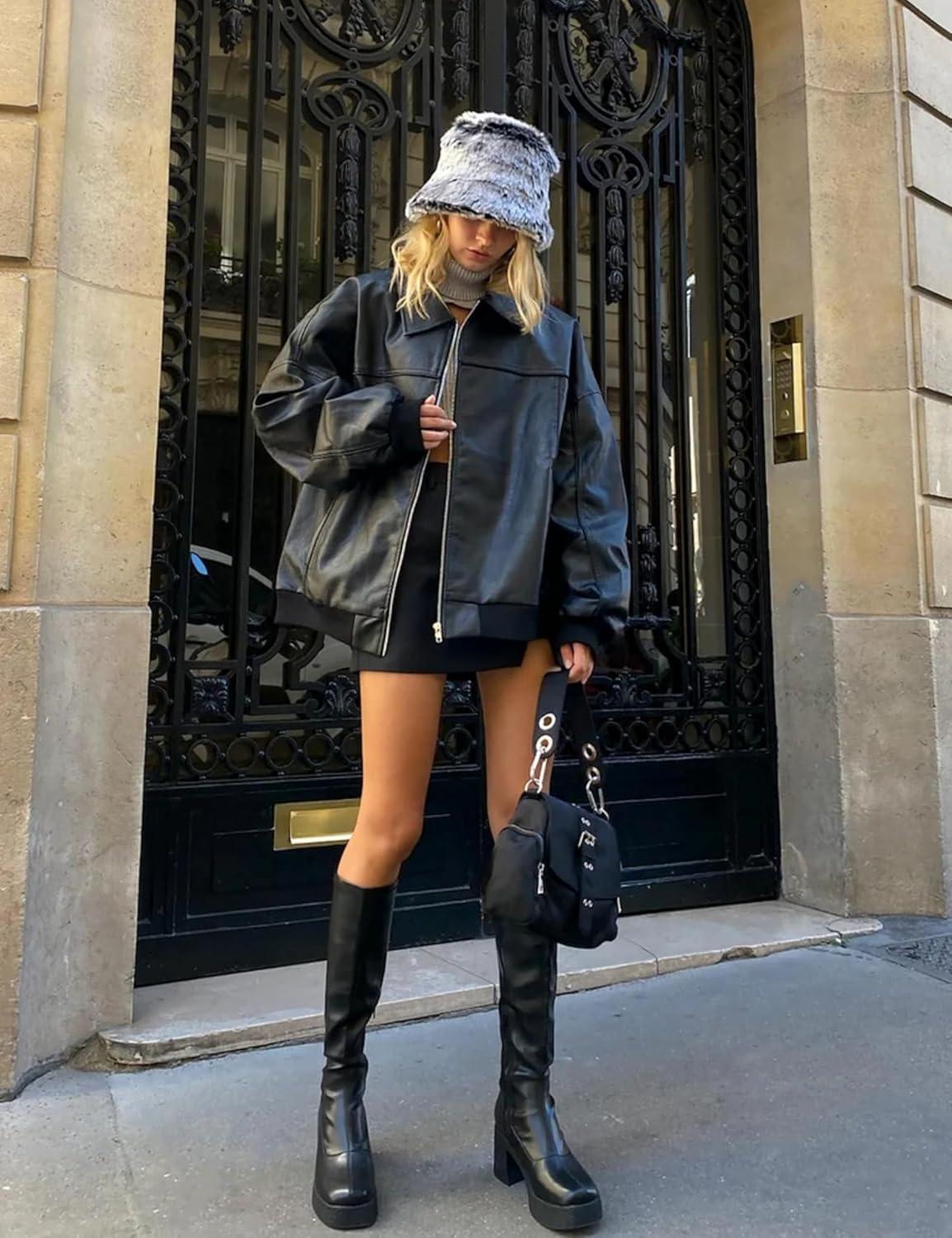 imageEsheSy Womens Oversized Leather Jacket Faux Suede Boyfriend Motorcycle Full Zip Bomber JacketBlack