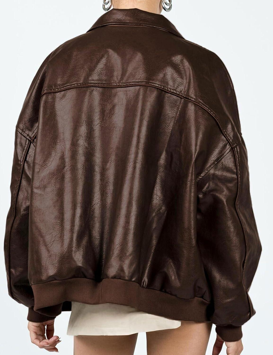 imageEsheSy Womens Oversized Leather Jacket Faux Suede Boyfriend Motorcycle Full Zip Bomber JacketBrown