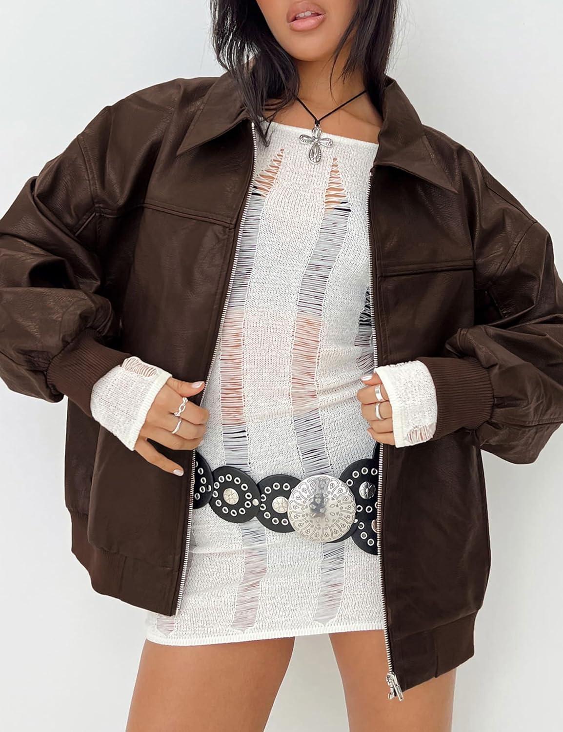 imageEsheSy Womens Oversized Leather Jacket Faux Suede Boyfriend Motorcycle Full Zip Bomber JacketBrown