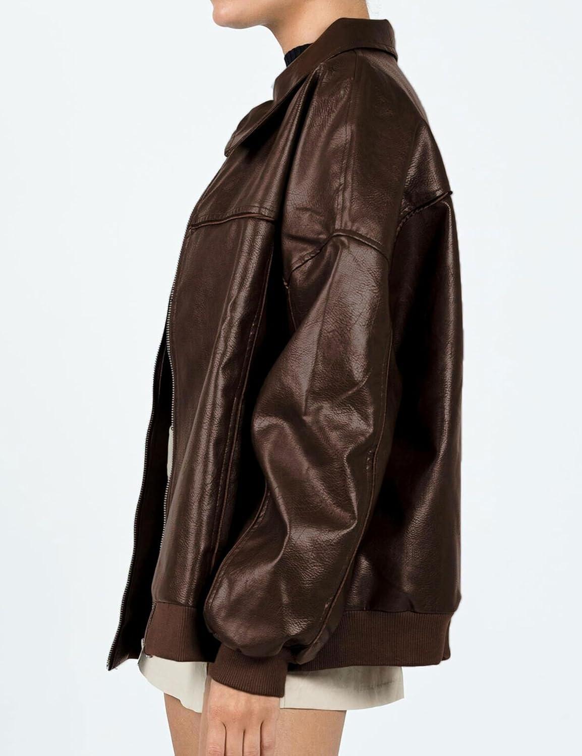 imageEsheSy Womens Oversized Leather Jacket Faux Suede Boyfriend Motorcycle Full Zip Bomber JacketBrown