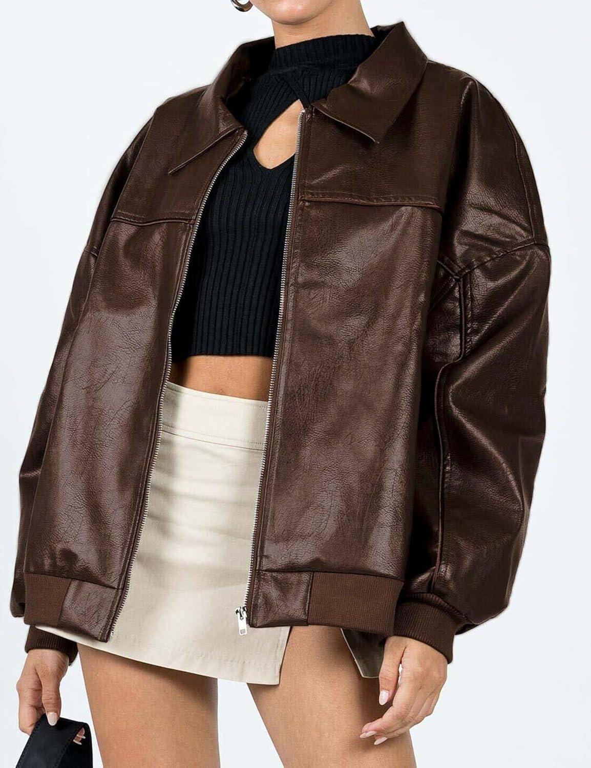 imageEsheSy Womens Oversized Leather Jacket Faux Suede Boyfriend Motorcycle Full Zip Bomber JacketBrown