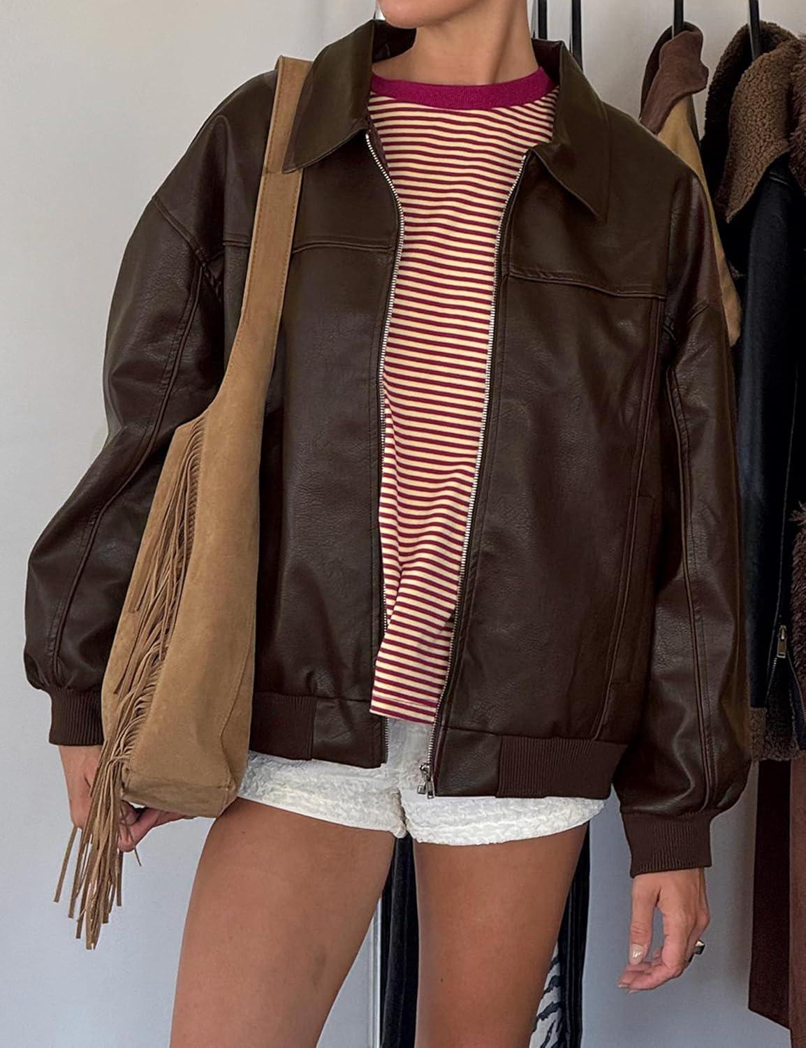 imageEsheSy Womens Oversized Leather Jacket Faux Suede Boyfriend Motorcycle Full Zip Bomber JacketBrown