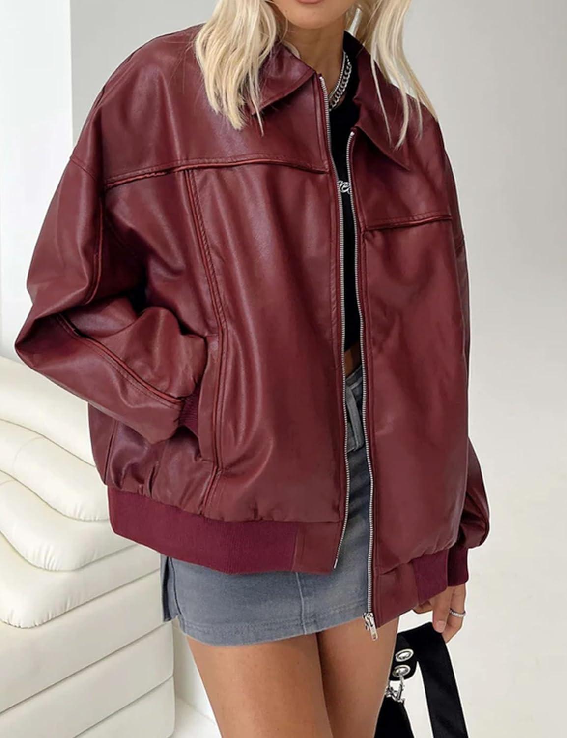 imageEsheSy Womens Oversized Leather Jacket Faux Suede Boyfriend Motorcycle Full Zip Bomber JacketBurgundy