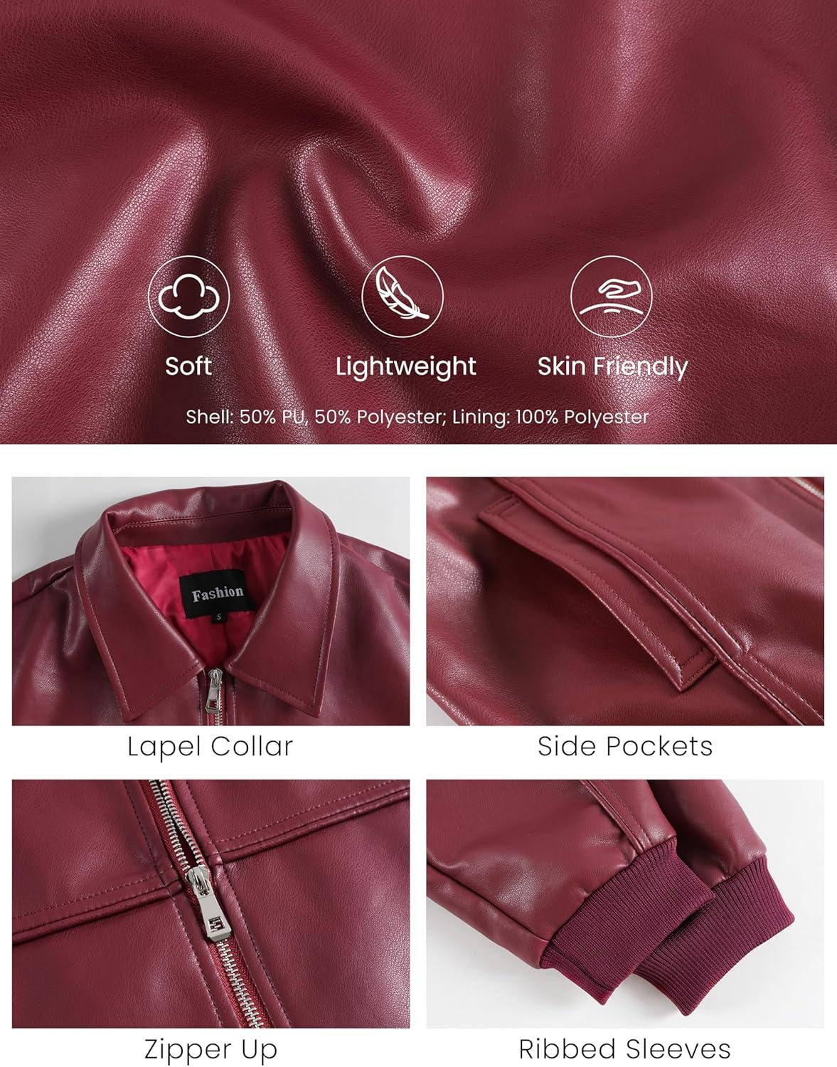 imageEsheSy Womens Oversized Leather Jacket Faux Suede Boyfriend Motorcycle Full Zip Bomber JacketBurgundy