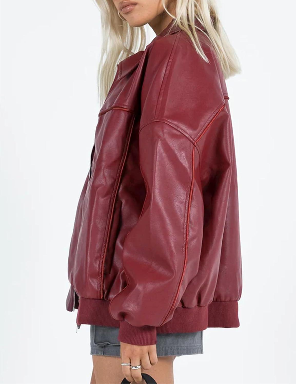 imageEsheSy Womens Oversized Leather Jacket Faux Suede Boyfriend Motorcycle Full Zip Bomber JacketBurgundy