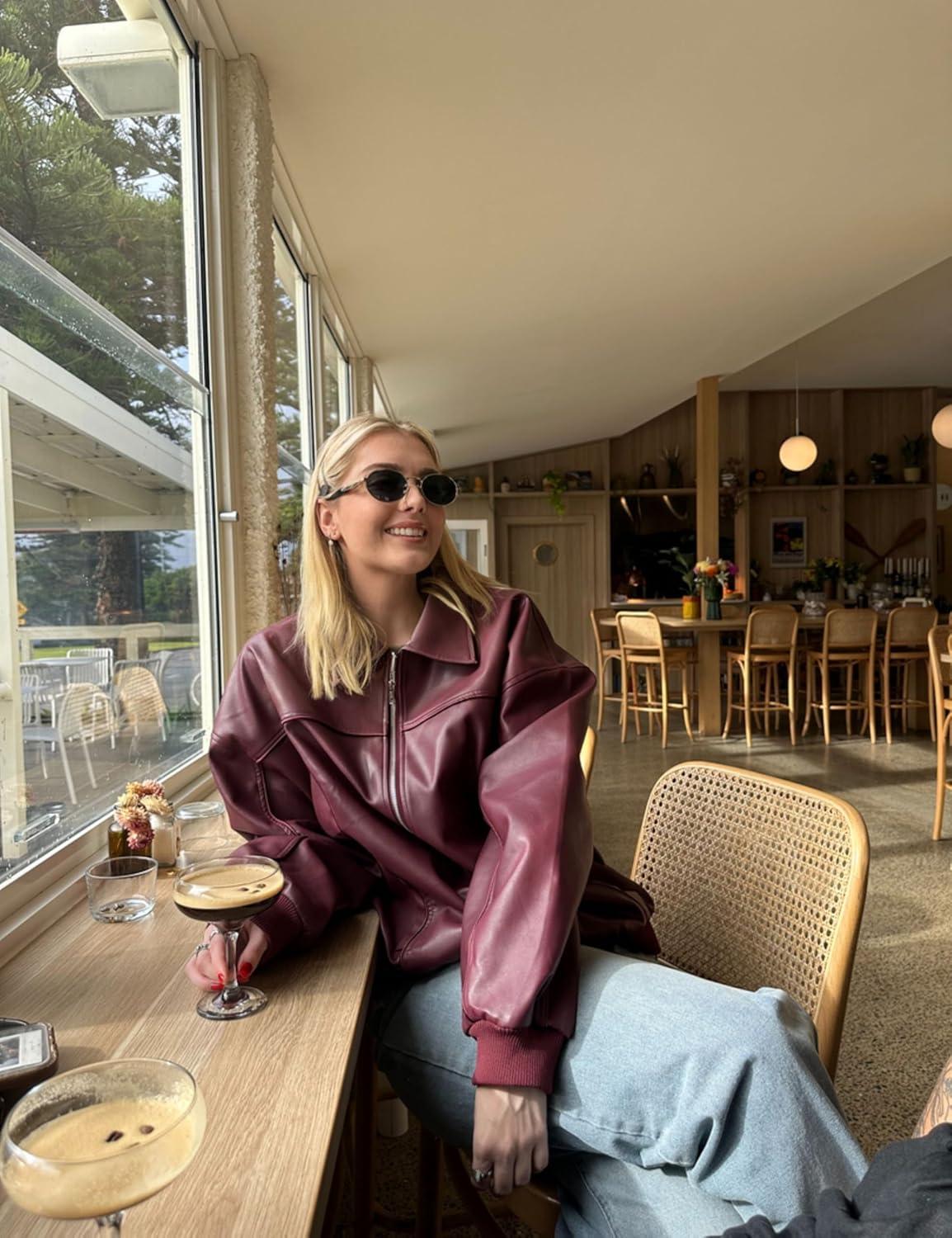 imageEsheSy Womens Oversized Leather Jacket Faux Suede Boyfriend Motorcycle Full Zip Bomber JacketBurgundy