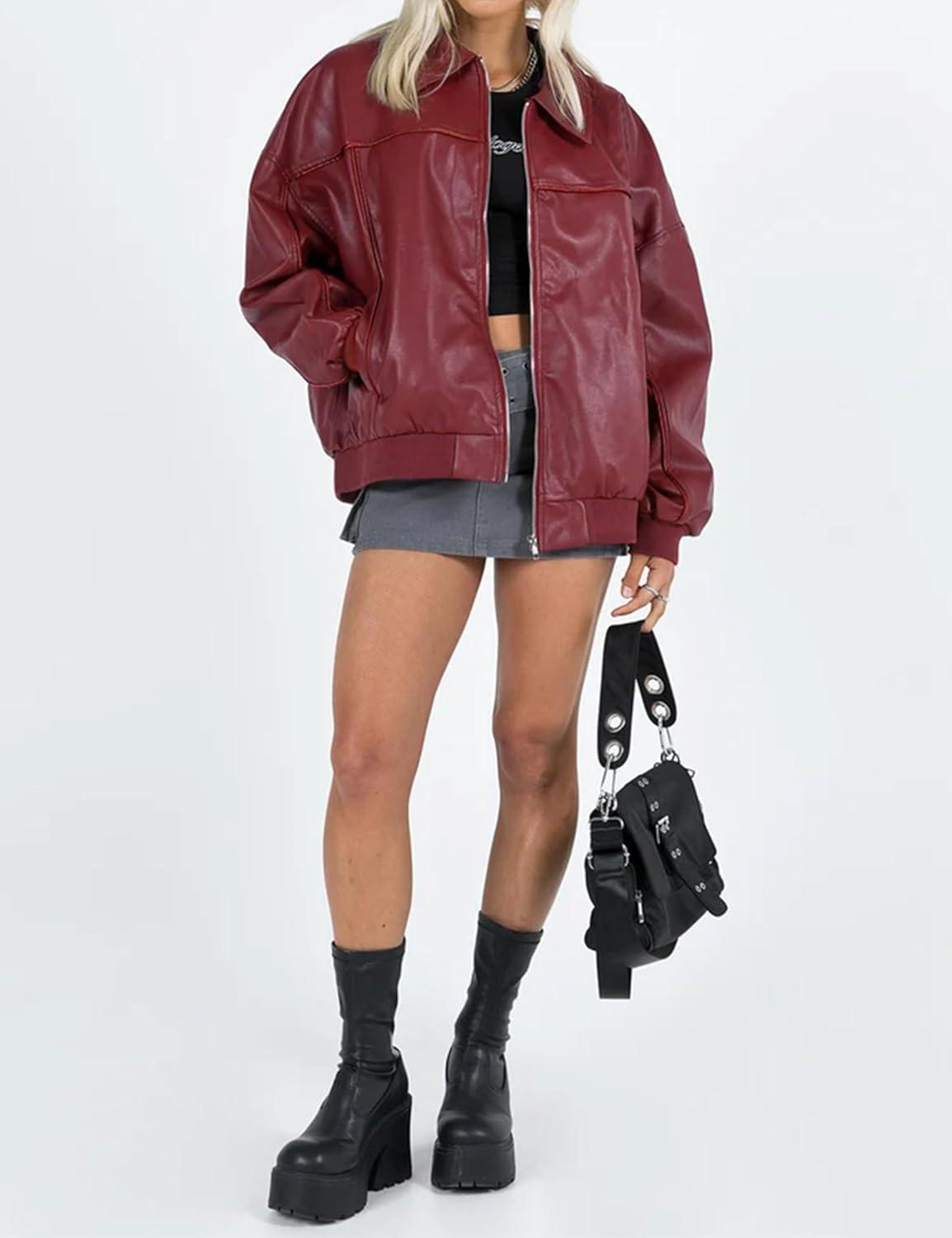 imageEsheSy Womens Oversized Leather Jacket Faux Suede Boyfriend Motorcycle Full Zip Bomber JacketBurgundy
