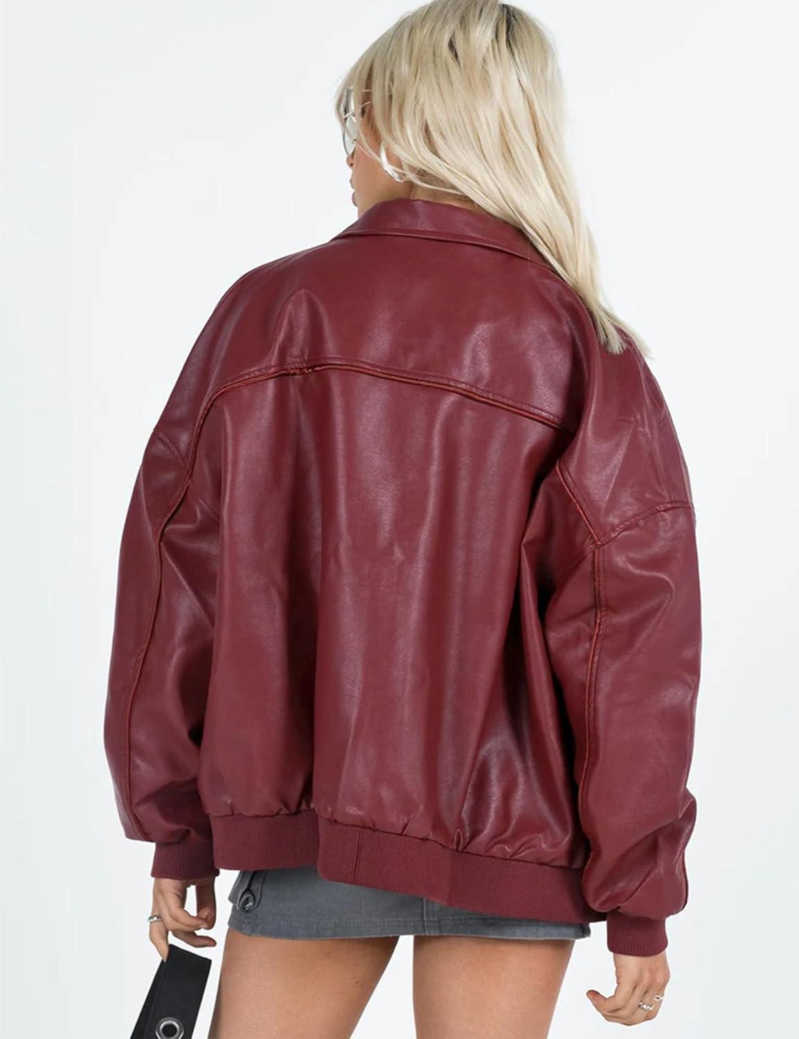 imageEsheSy Womens Oversized Leather Jacket Faux Suede Boyfriend Motorcycle Full Zip Bomber JacketBurgundy