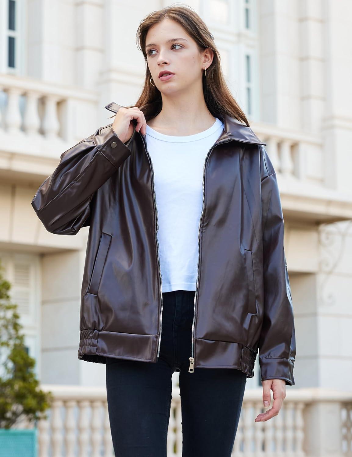 imageFSVABY Womens Oversized Faux Leather Motocycle Jacket Zip Up Outwear Coat with PocketsDark Brown
