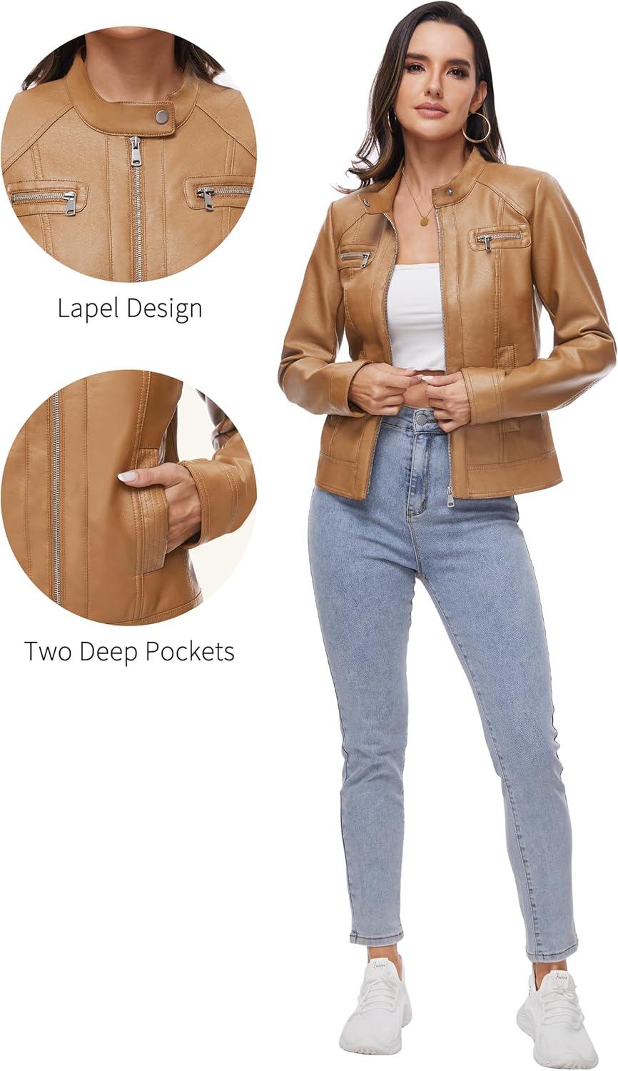 imageFahsyee Zip Leather Jackets for Women Motorcycle Faux PU Moto Biker Outwear CoatCamel