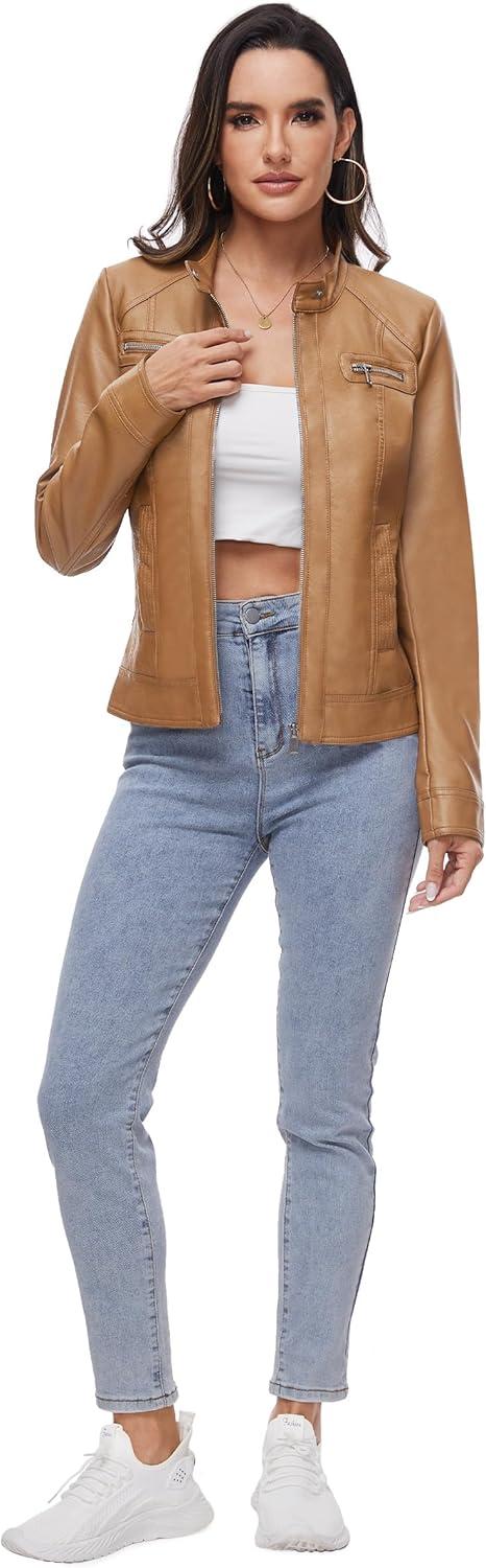 imageFahsyee Zip Leather Jackets for Women Motorcycle Faux PU Moto Biker Outwear CoatCamel