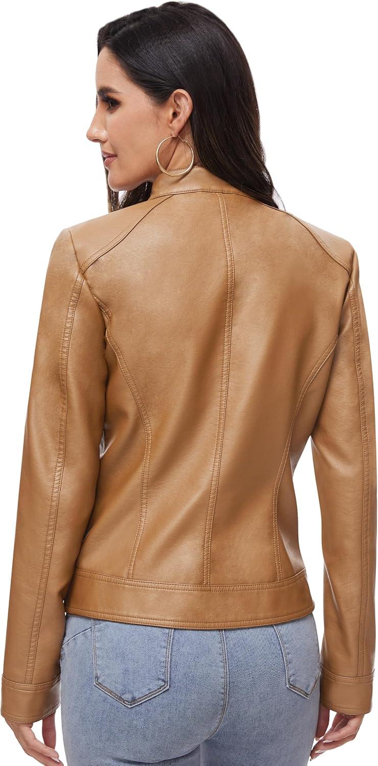 imageFahsyee Zip Leather Jackets for Women Motorcycle Faux PU Moto Biker Outwear CoatCamel