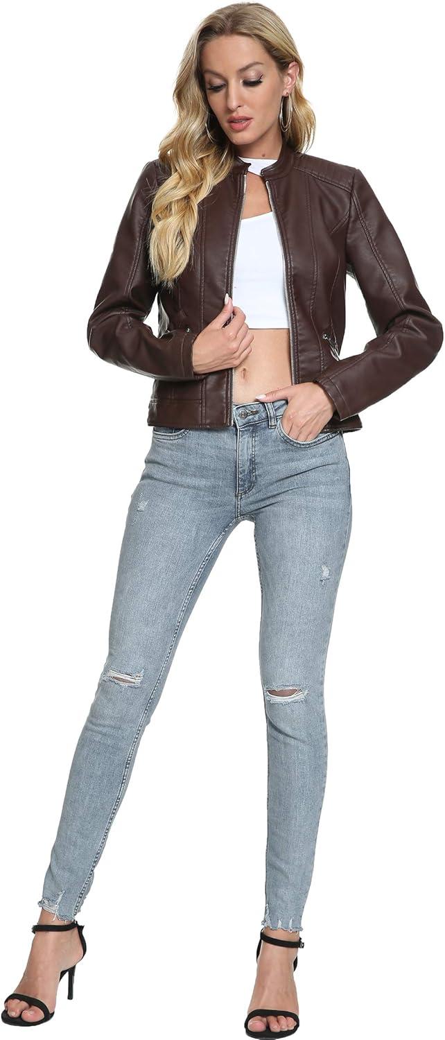 imageFahsyee Zip Leather Jackets for Women Motorcycle Faux PU Moto Biker Outwear CoatCoffee