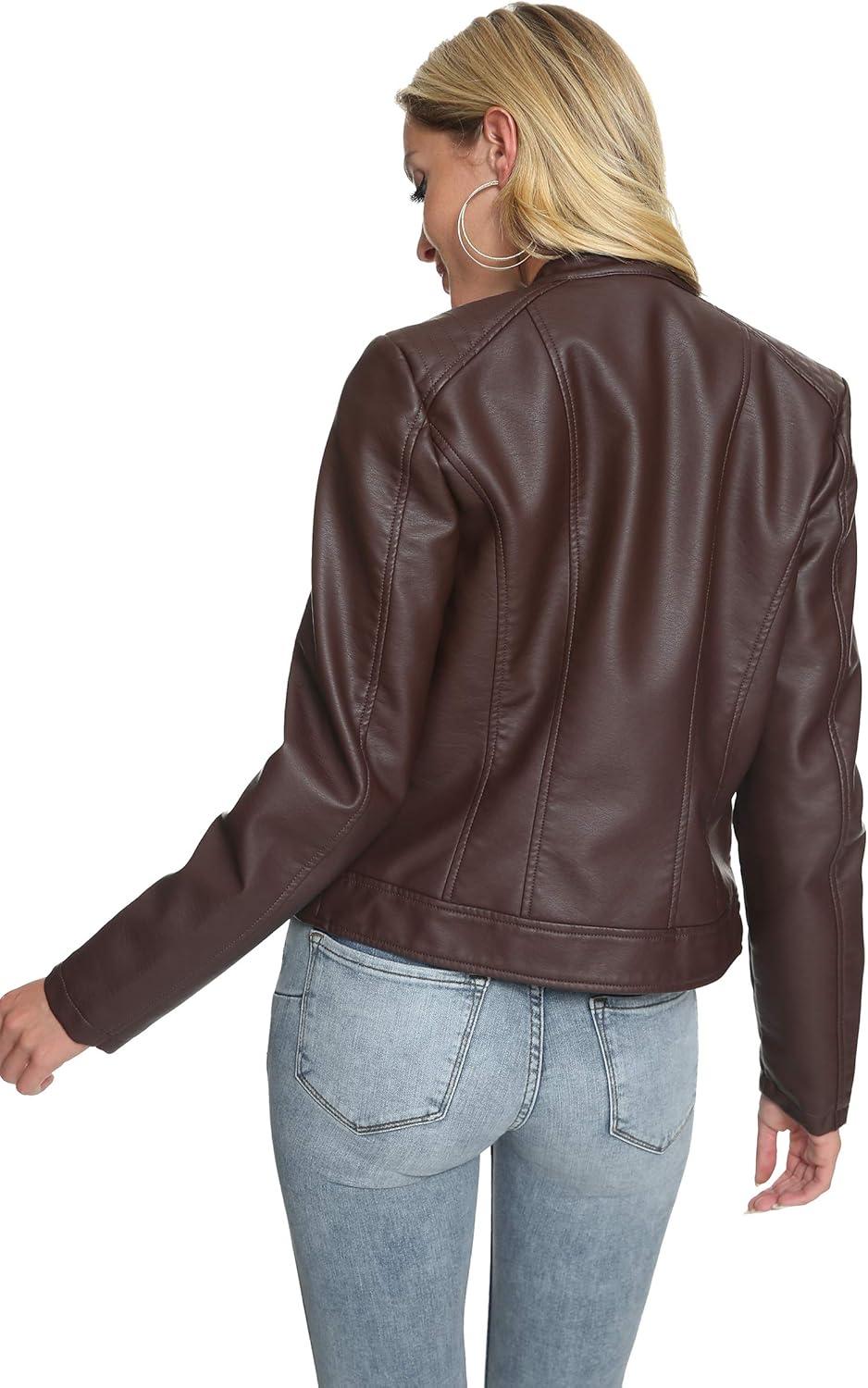 imageFahsyee Zip Leather Jackets for Women Motorcycle Faux PU Moto Biker Outwear CoatCoffee