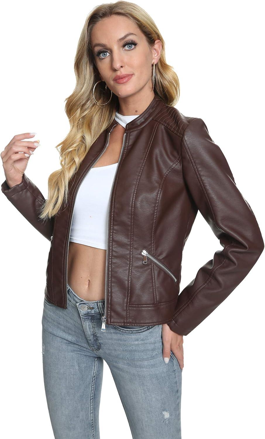 imageFahsyee Zip Leather Jackets for Women Motorcycle Faux PU Moto Biker Outwear CoatCoffee