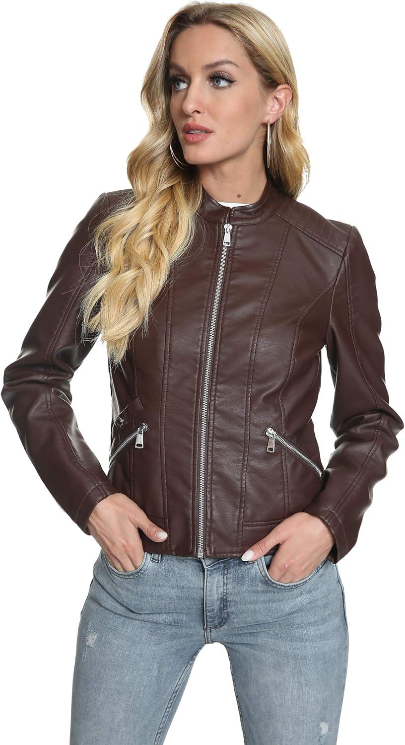 imageFahsyee Zip Leather Jackets for Women Motorcycle Faux PU Moto Biker Outwear CoatCoffee