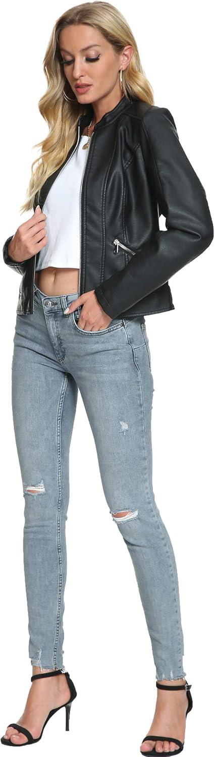 imageFahsyee Zip Leather Jackets for Women Motorcycle Faux PU Moto Biker Outwear CoatDeep Black