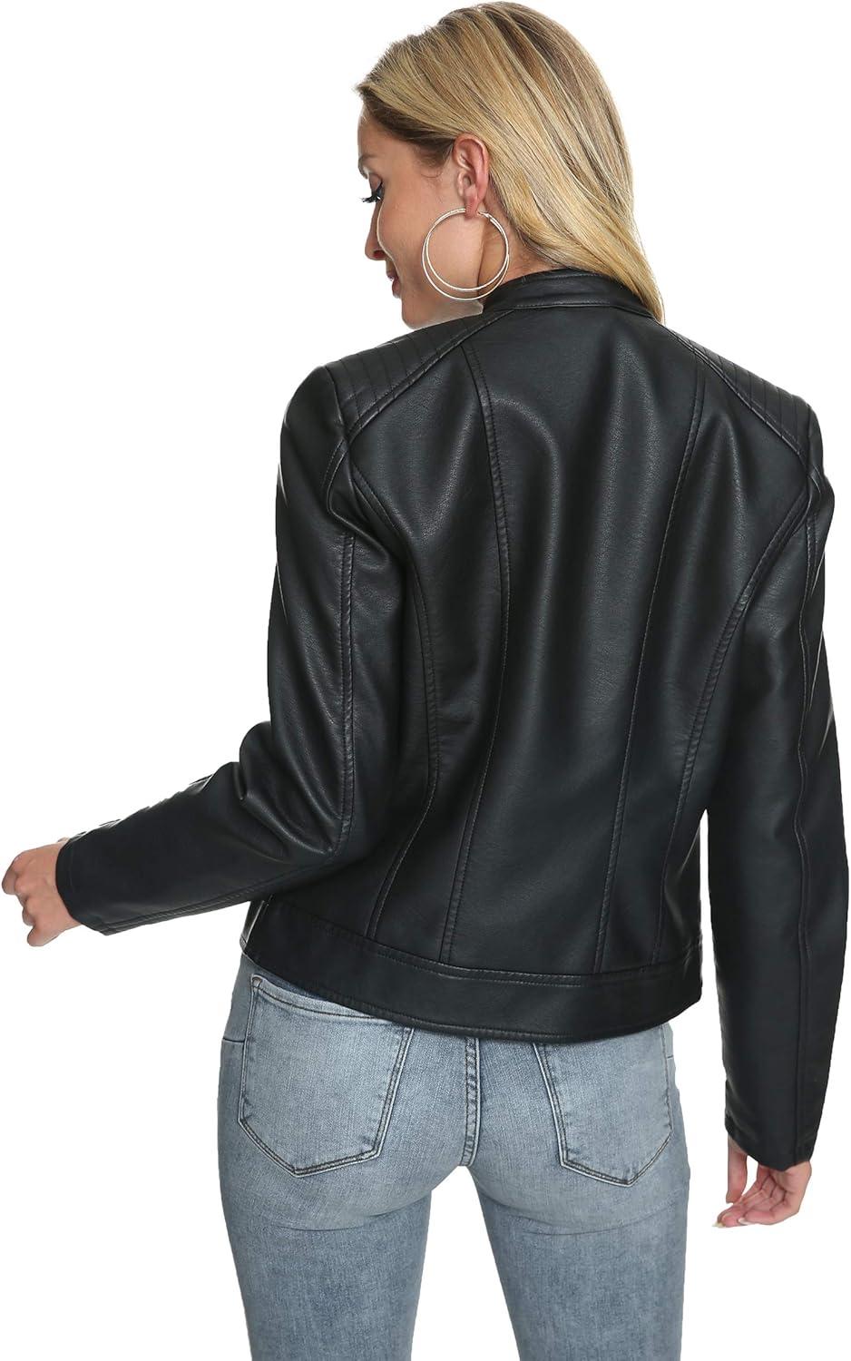 imageFahsyee Zip Leather Jackets for Women Motorcycle Faux PU Moto Biker Outwear CoatDeep Black