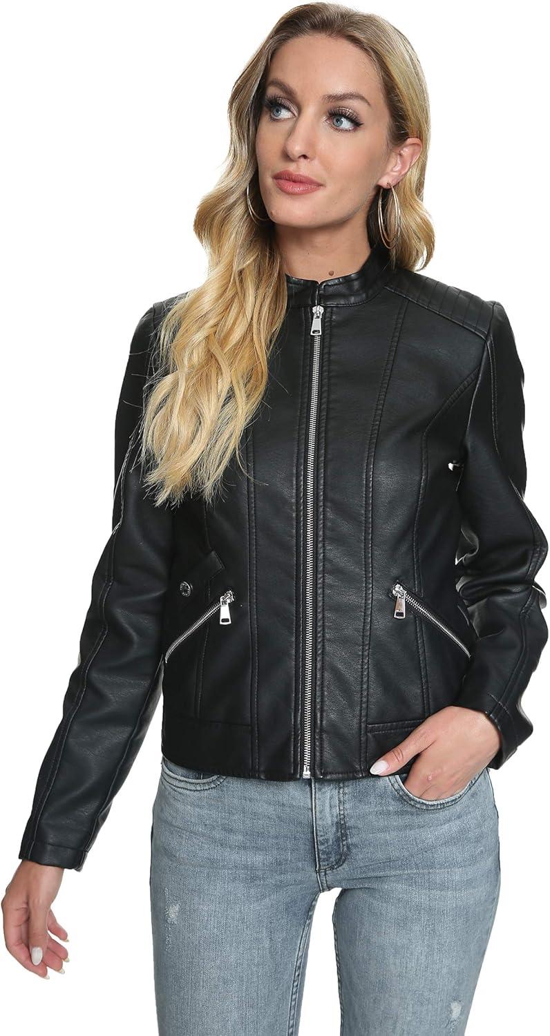 imageFahsyee Zip Leather Jackets for Women Motorcycle Faux PU Moto Biker Outwear CoatDeep Black