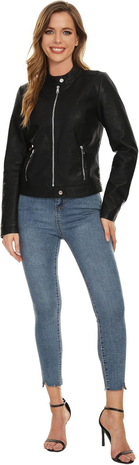 imageFahsyee Zip Leather Jackets for Women Motorcycle Faux PU Moto Biker Outwear CoatInk Black