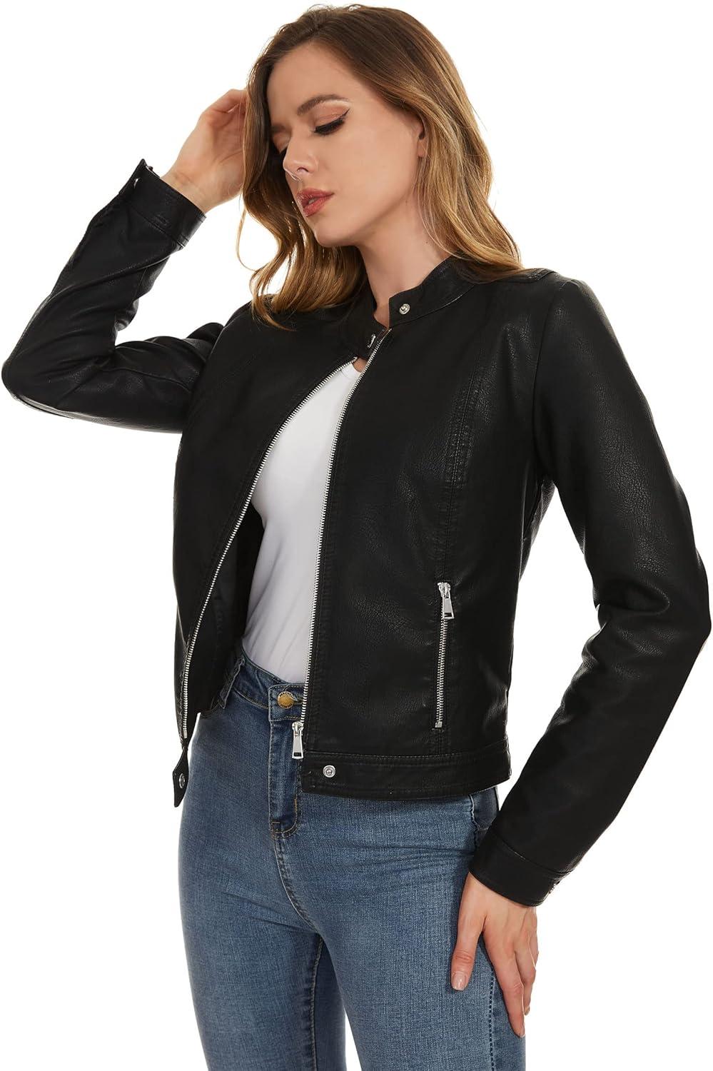 imageFahsyee Zip Leather Jackets for Women Motorcycle Faux PU Moto Biker Outwear CoatInk Black