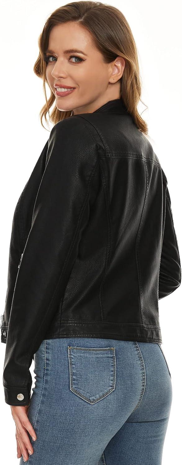 imageFahsyee Zip Leather Jackets for Women Motorcycle Faux PU Moto Biker Outwear CoatInk Black