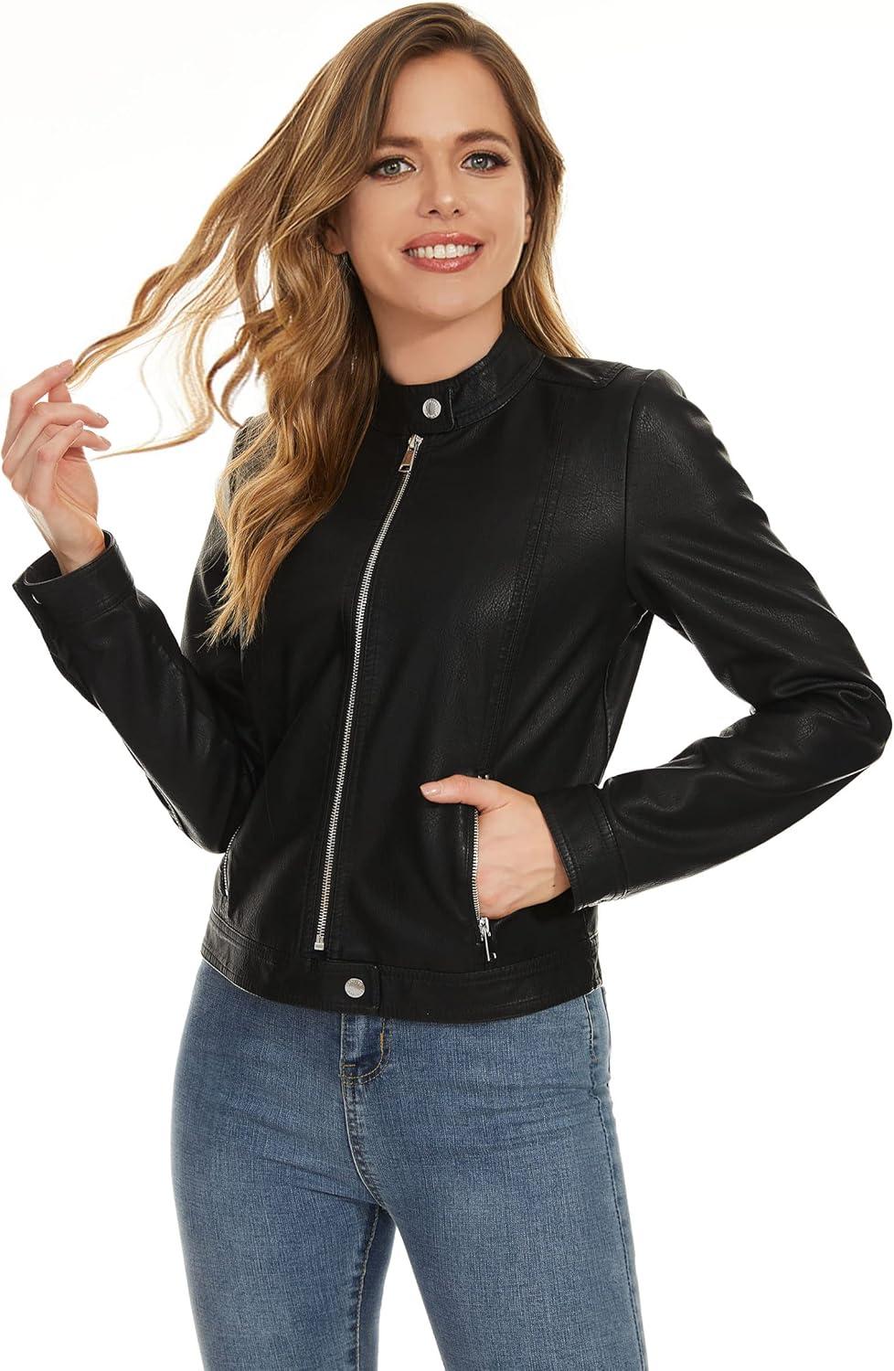imageFahsyee Zip Leather Jackets for Women Motorcycle Faux PU Moto Biker Outwear CoatInk Black