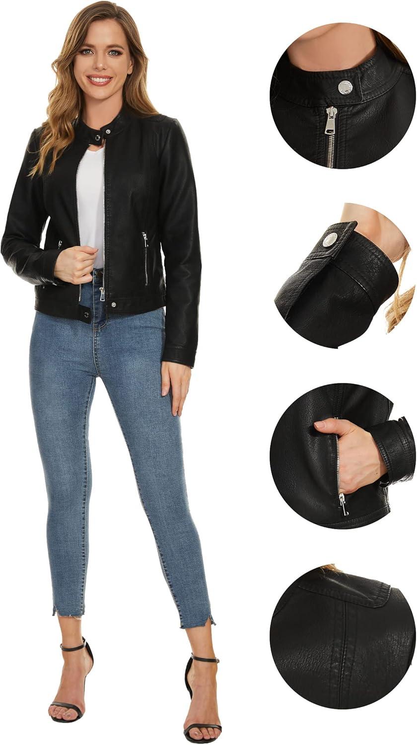 imageFahsyee Zip Leather Jackets for Women Motorcycle Faux PU Moto Biker Outwear CoatInk Black