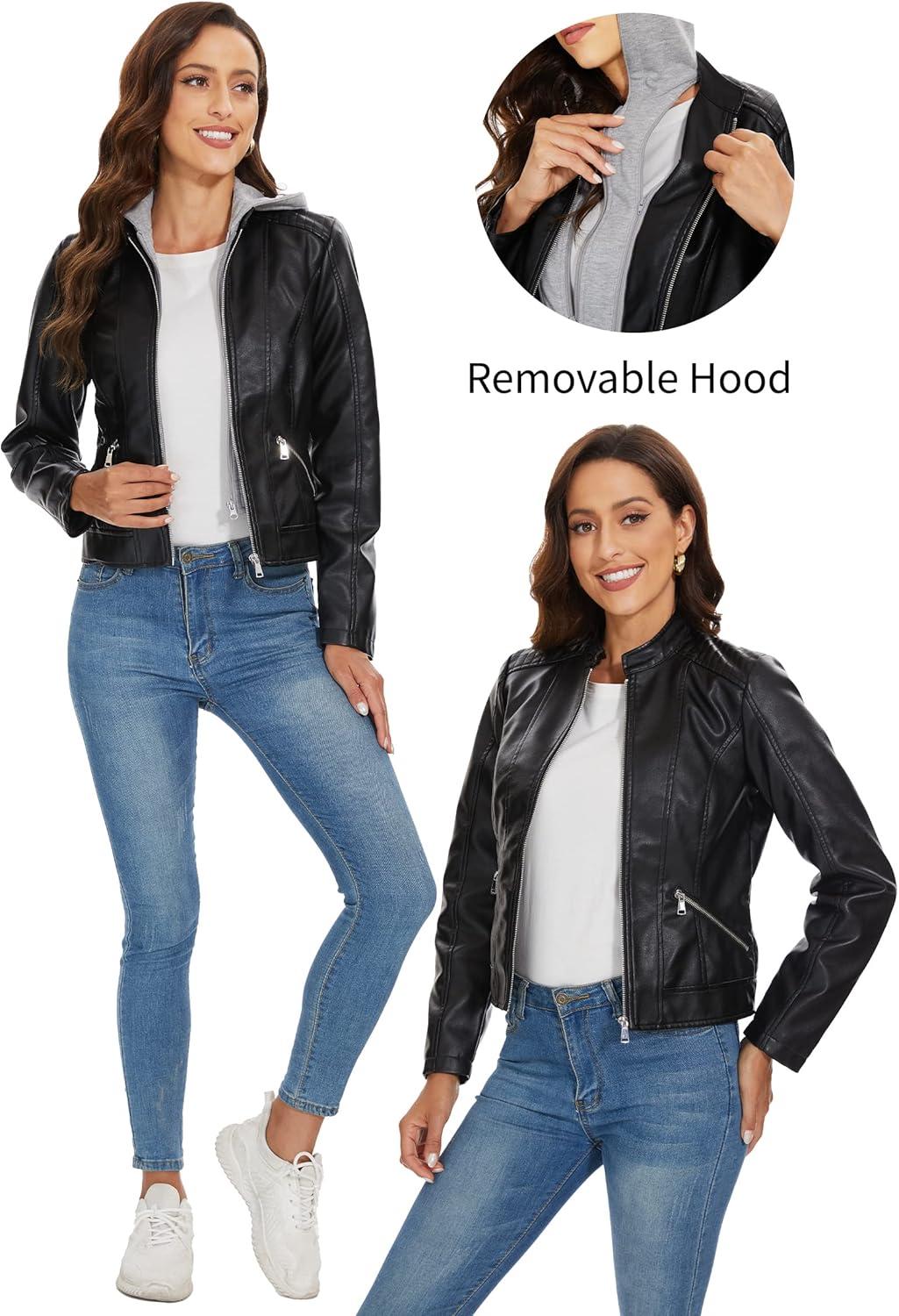 imageFahsyee Zip Leather Jackets for Women Motorcycle Faux PU Moto Biker Outwear CoatJet Black