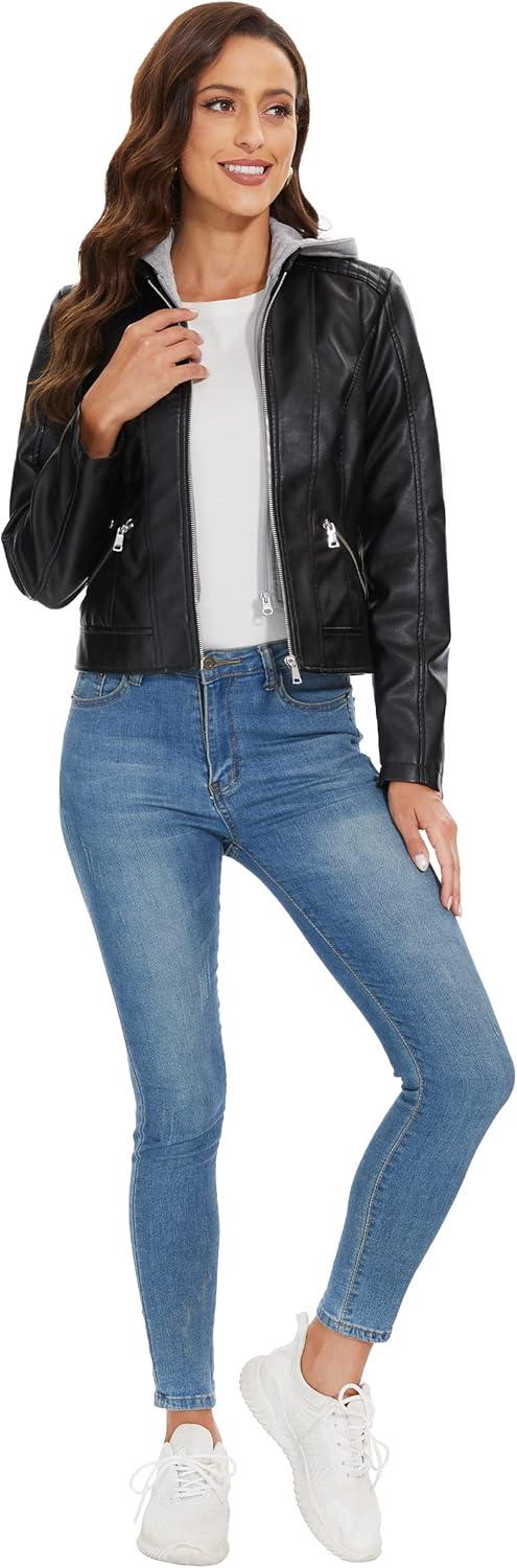 imageFahsyee Zip Leather Jackets for Women Motorcycle Faux PU Moto Biker Outwear CoatJet Black