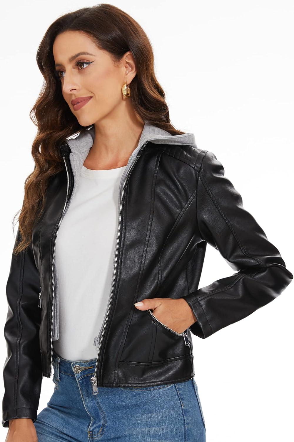 imageFahsyee Zip Leather Jackets for Women Motorcycle Faux PU Moto Biker Outwear CoatJet Black