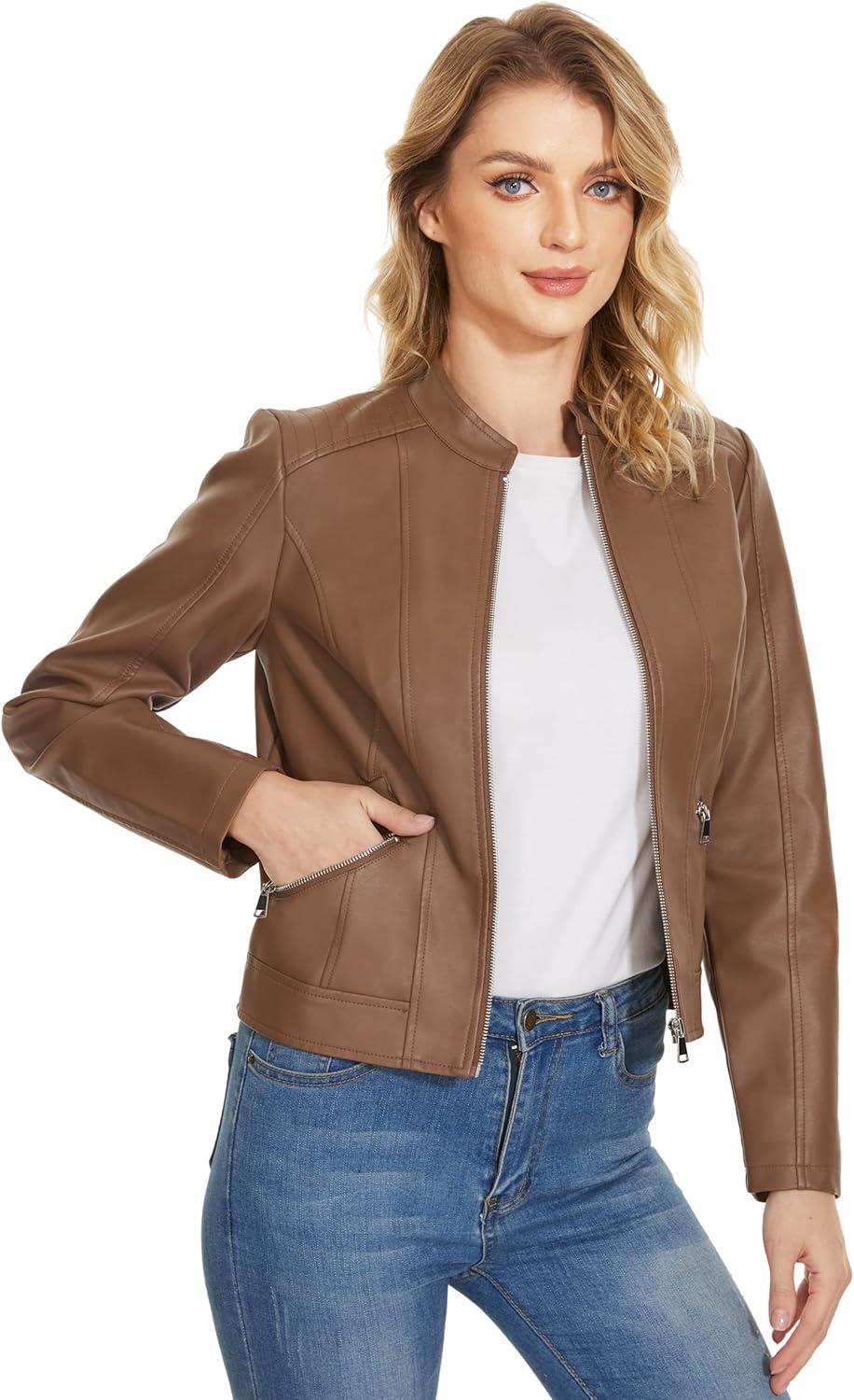 imageFahsyee Zip Leather Jackets for Women Motorcycle Faux PU Moto Biker Outwear CoatLight Camel