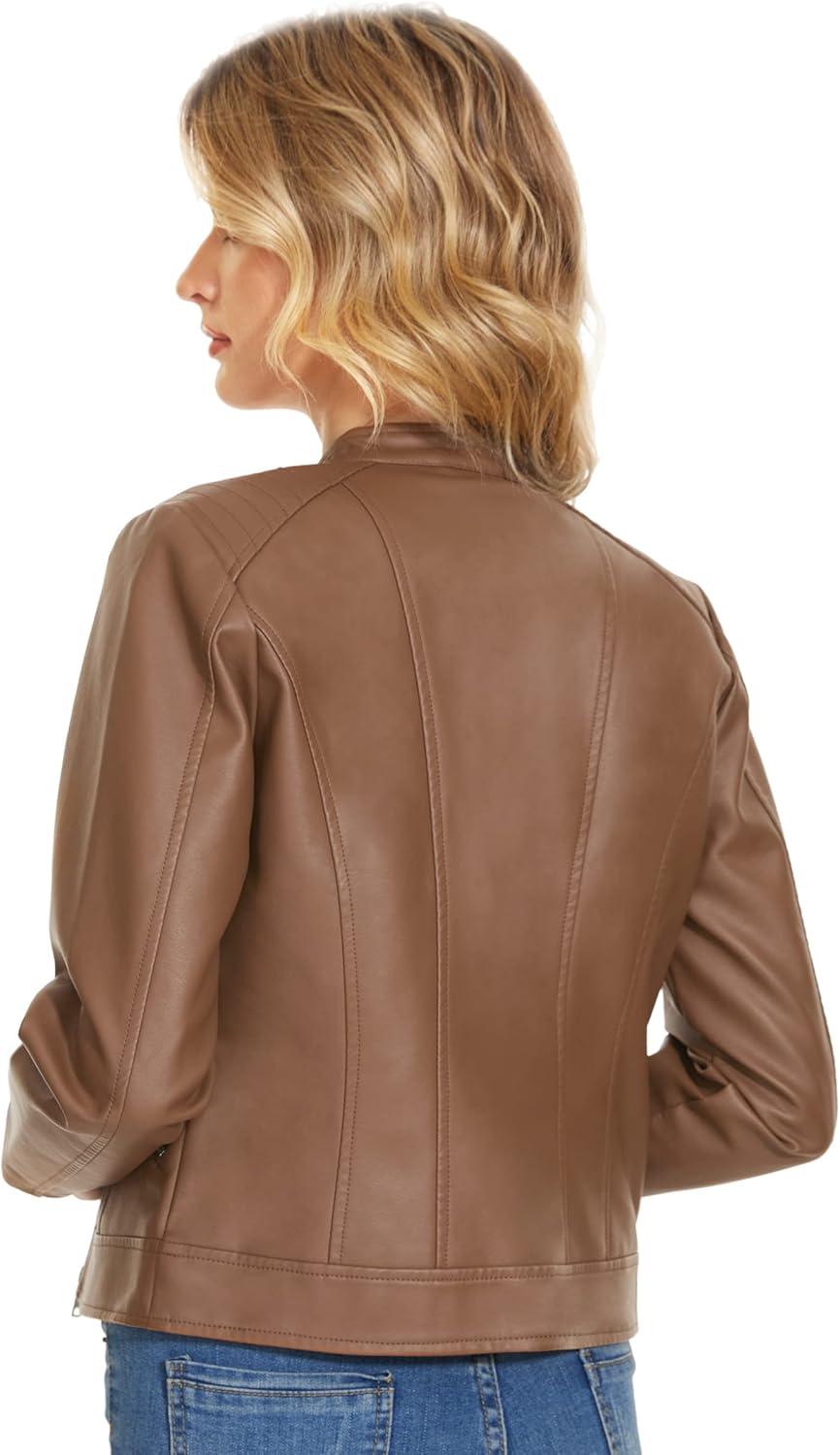 imageFahsyee Zip Leather Jackets for Women Motorcycle Faux PU Moto Biker Outwear CoatLight Camel