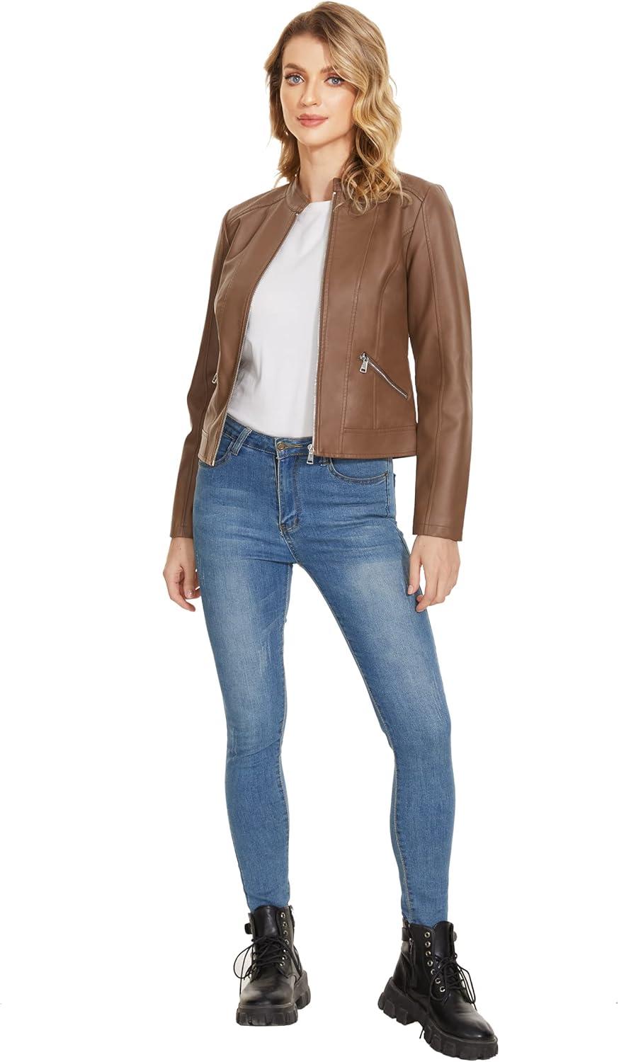 imageFahsyee Zip Leather Jackets for Women Motorcycle Faux PU Moto Biker Outwear CoatLight Camel