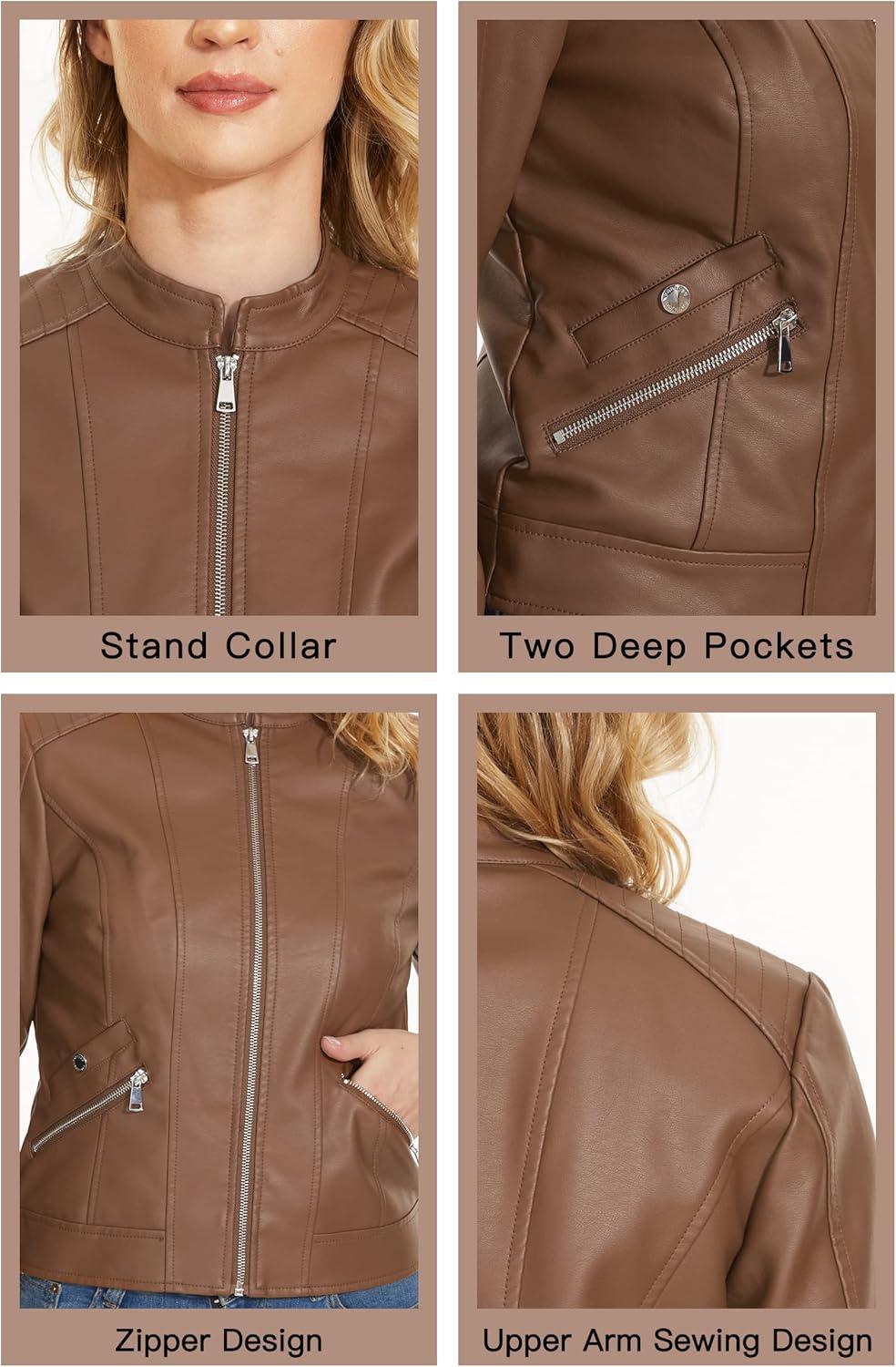 imageFahsyee Zip Leather Jackets for Women Motorcycle Faux PU Moto Biker Outwear CoatLight Camel