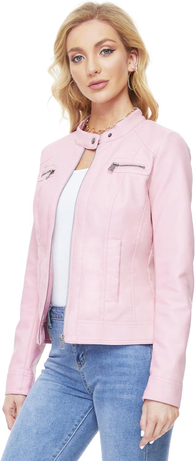 imageFahsyee Zip Leather Jackets for Women Motorcycle Faux PU Moto Biker Outwear CoatPink
