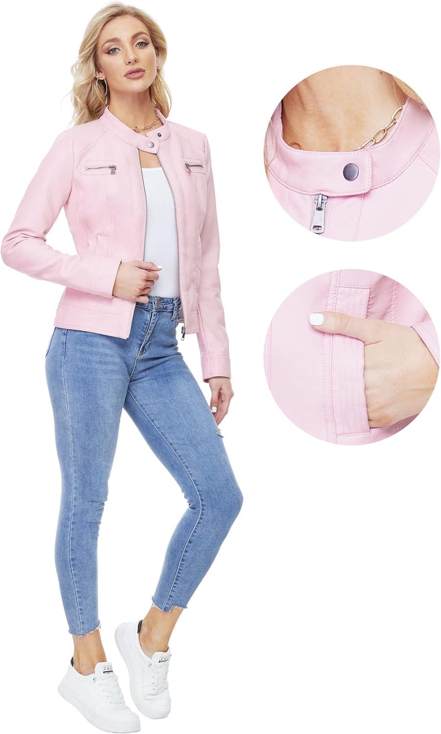 imageFahsyee Zip Leather Jackets for Women Motorcycle Faux PU Moto Biker Outwear CoatPink